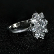 Detailed side view of silver flower ring with central yellow zircon and petal accents