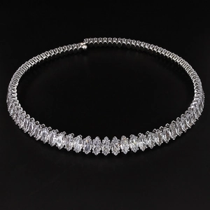 Elegant emerald-cut and marquise zircon choker necklace in silver finish on black background
