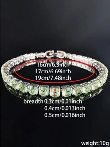 Dettagli del bracciale tennis verde menta con specifiche di misura e metallo