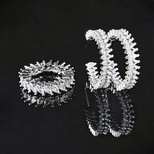 Sparkling silver marquise cubic zirconia jewelry set with wide ring and hoop earrings