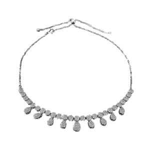 Detailed view of silver necklace with water drop zirconia pendants and adjustable bead clasp
