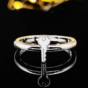 Gedetailleerde close-up van een zilveren minimalistische ring met een uniek sleutelmotief