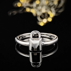 Detailopname van een zilveren ring met hangslotje op een zwart reflecterend vlak