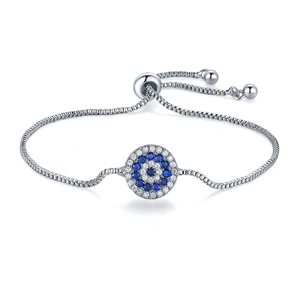 Verstelbare zilveren armband met blauwe kristallen evil eye bedeltje en schuifsluiting