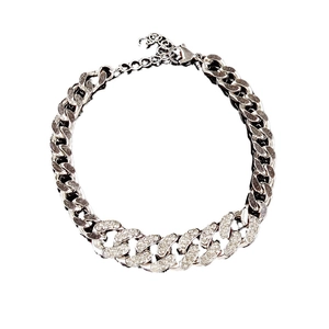 Zilveren Cubaanse schakelketting met strass-steentjes en stevige karabijnsluiting