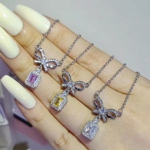 Sparkling oil painting pink gem butterfly pendant necklace with bowknot zircon details