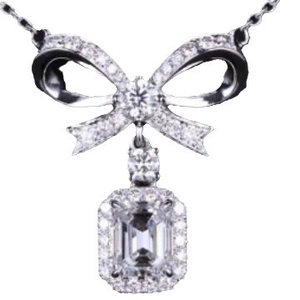 Bow necklace with emerald-cut pink gemstone pendant and sparkling zircon accents