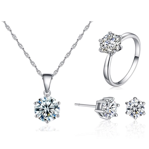 Elegant six-prong zircon jewelry set with necklace ring and earrings in silver finish