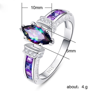 Close-up of S925 silver ring with marquise rainbow gemstone and purple side stones