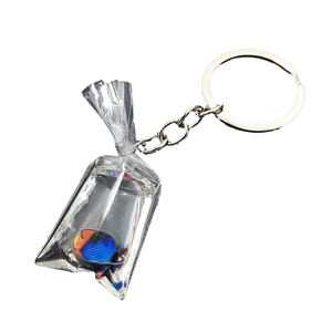 Creative clear water bag keychain with lifelike blue tropical fish charm and silver ring
