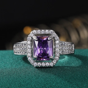 Luxury double-layer silver halo ring featuring a square purple zircon and micro-pave diamonds