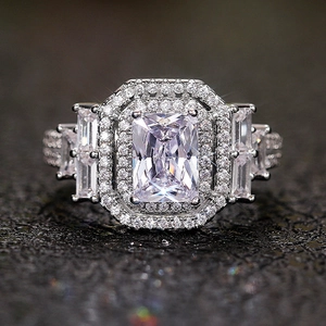 Luxury Rectangular Zirconia Copper Ring Double Halo Emerald Cut Baguette Side Stone Silver Color Fashion Jewelry Women Ring