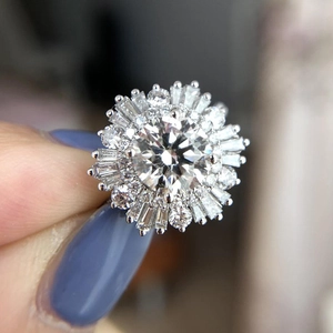 Detailed close-up of a luxury snowflake ring with a large zircon and sunburst halo design