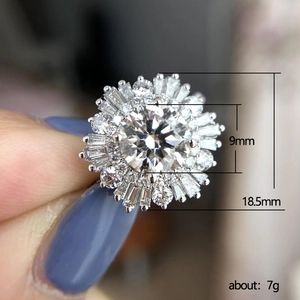 Luxurious snowflake ring with cubic zirconia stones featuring 9mm center stone and measurements
