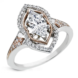 Exquisito anillo de circonita corte marquesa con halo bicolor en oro rosa y pavé de diamantes