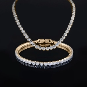 Set Gioielli Hip Hop Catena Tennis Rame Intarsio Zirconia Collana E Bracciale Bling Strass Accessorio Festa Unisex
