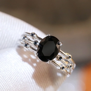 Ovaler Schwarzer Zirkonia Ring Kupfer Vintage Mehrlagiges Band Verlobung Party Schmuck Für Frauen