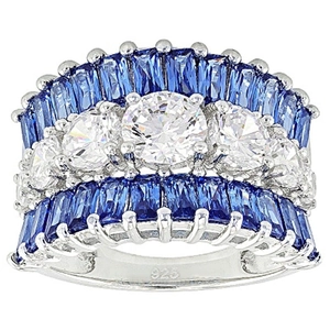 Luxury Wide Band Ring Copper Blue Baguette Cubic Zirconia Three Row Inlay Wedding Jewelry Elegant Accessory For Women