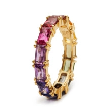 Detailed macro view of gold-plated eternity ring with rainbow rectangle-cut gemstones