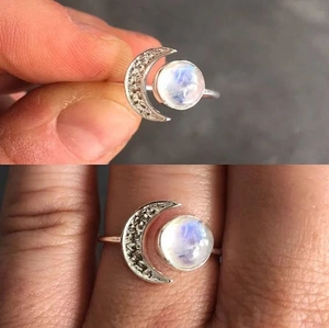 Creative adjustable sun and moon ring featuring a round moonstone and sparkling zircons