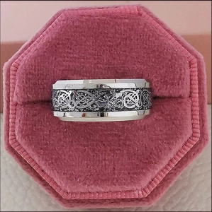 Men's stainless steel dragon pattern ring featuring Celtic knot inlay in a velvet gift box