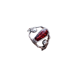 Gothic punk vampire coffin ring with red stone and skeleton frames in silver finish