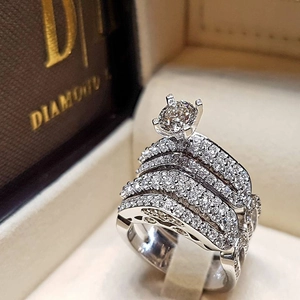 Men's luxury white gold plated ring set featuring micro-paved diamonds and round main stone