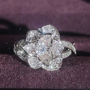Exquisite 18K rose gold plated rose flower ring with pavé cubic zirconia accents