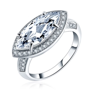 Elegant marquise-cut crystal halo ring in platinum-plated finish for women