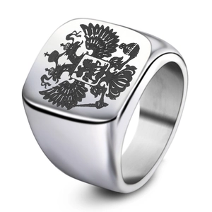 Polished silver stainless steel square signet ring featuring black double-headed eagle emblem