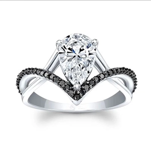 Pear cut clear gemstone ring with cross V-shaped band and micro-paved black zircon stones