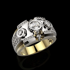 Anello a fascia larga bicolore da uomo stile industriale con zircone rotondo e pavé