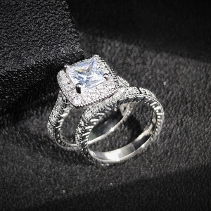 Conjunto De Anillos De Zirconia Cuadrados De Corte Princesa De Lujo Para Mujer Tono Plateado Cobre Boda Y Banda