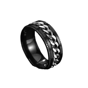 Anello spinner da uomo in acciaio nero con catena cubana d'argento e bordi industriali