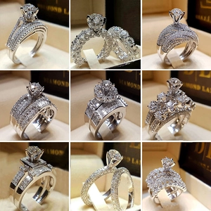 Luxury Copper Cubic Zirconia Engagement Ring Wedding Band For Women Silver Plated Round Halo Bridal Promise Ring Jewelry Gift