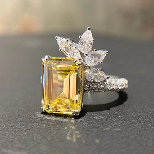 Emerald Cut Yellow Gemstone Copper Ring With Marquise Zircon Flower Vintage Style Luxury For Women