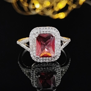 Luxury square red gemstone ring with double diamond halo and bicolor split shank band
