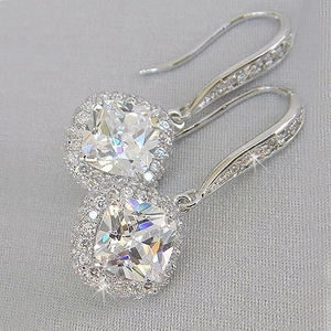 Cushion Cut Zircon Hook Earrings Copper Halo Setting Sparkling Fashion Jewelry For Women Elegant Dangle