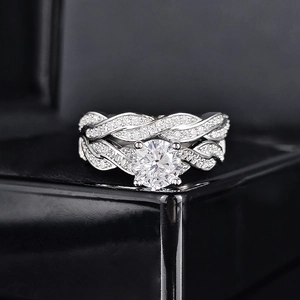 Exquisite silver stackable ring set with twisted pave band and round center diamond