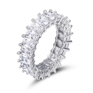 Minimalist square-cut cubic zirconia eternity band ring in polished silver finish