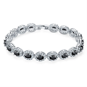 Bracelet classique en argent avec pierres noires ovales et halo en micro-zircon