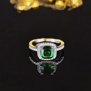 Luxury square emerald halo ring in sterling silver with brilliant micro-pave white stones