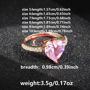 Detaillierte Größentabelle für den herzförmigen rosa Zirkonia-Ring mit Maßen in Roségold
