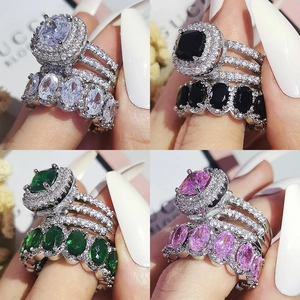 Luxury Copper Zirconia Ring Set For Women Cushion Cut Halo Eternity Band Silver Plated Wedding Anniversary Party Jewelry