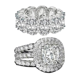 Luxury silver-tone halo cushion and oval cut eternity bridal ring set with cubic zirconia