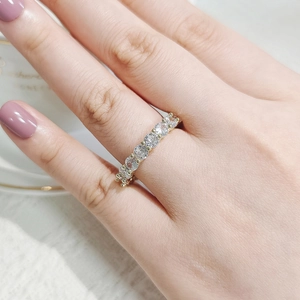 Close-up of sparkling gold cubic zirconia eternity band ring on model hand