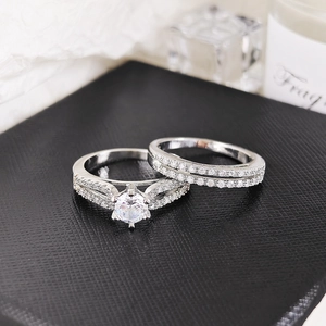 Exquisite 925 sterling silver bridal ring set with six-prong Moissanite and pavé accents