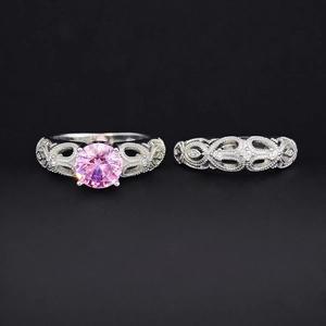 Set di anelli argento con zircone rosa e intagli vintage raffinati da donna