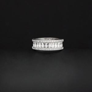 Luxurious wide band ring featuring rectangular center crystals and double row pavé diamonds