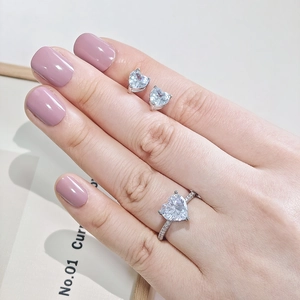 Detail von Herz-Zirkonia Ring und passenden Ohrringen im Set auf der Hand des Modells